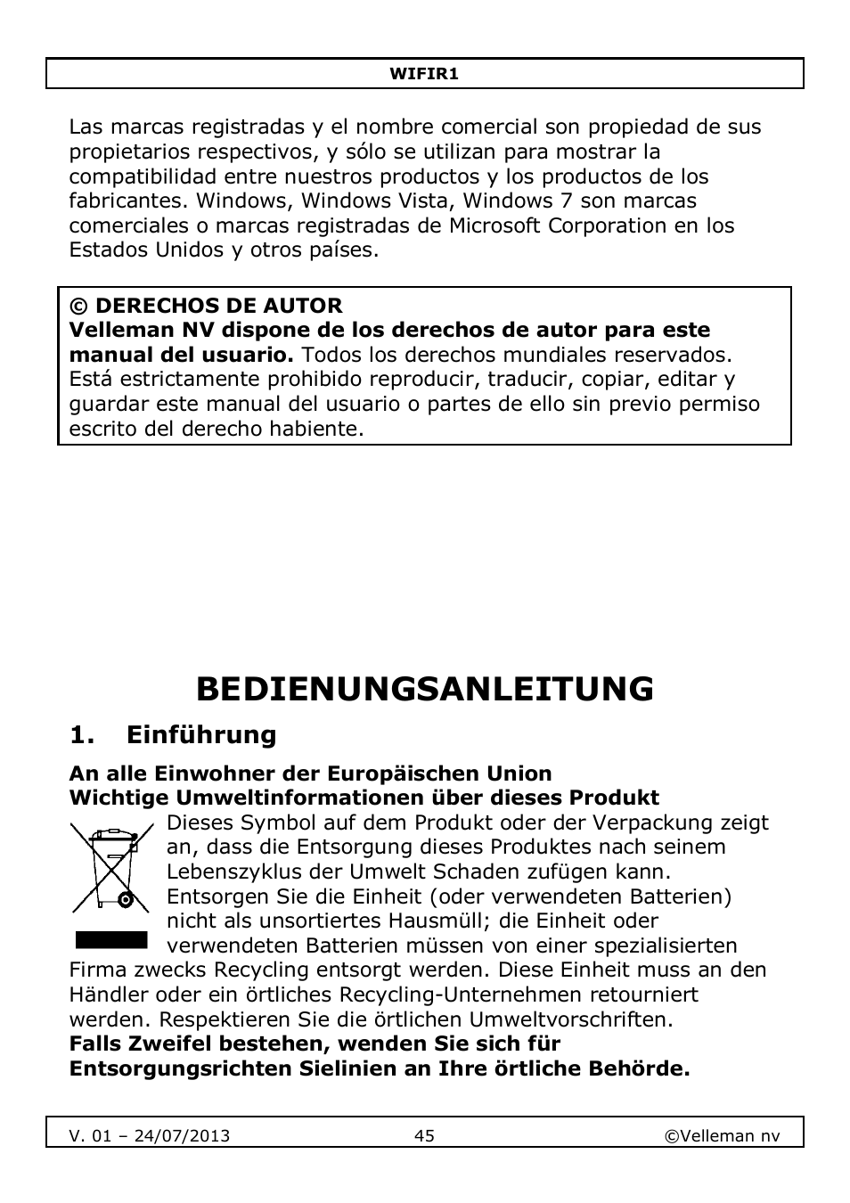 Bedienungsanleitung | Velleman WIFIR1 User Manual | Page 45 / 55