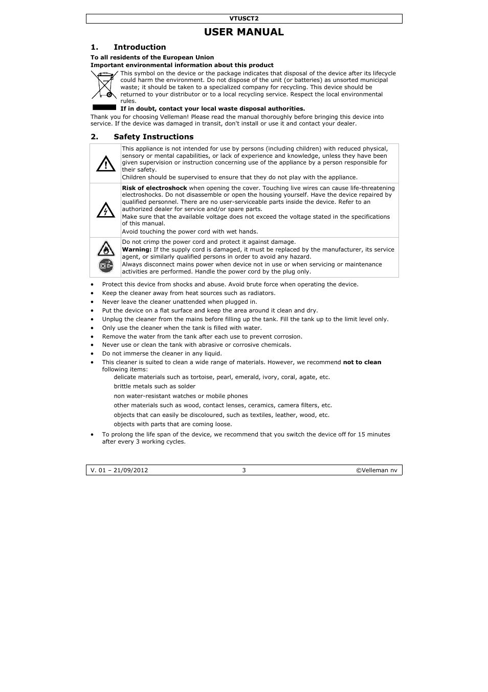 User manual, User ma, Anual | Velleman VTUSCT2 User Manual | Page 3 / 23