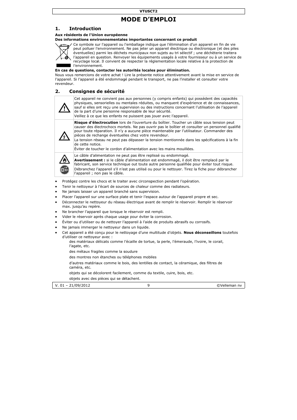 Mode d'emploi, Mode d’e, Emploi | Velleman VTUSCT2 User Manual | Page 9 / 23