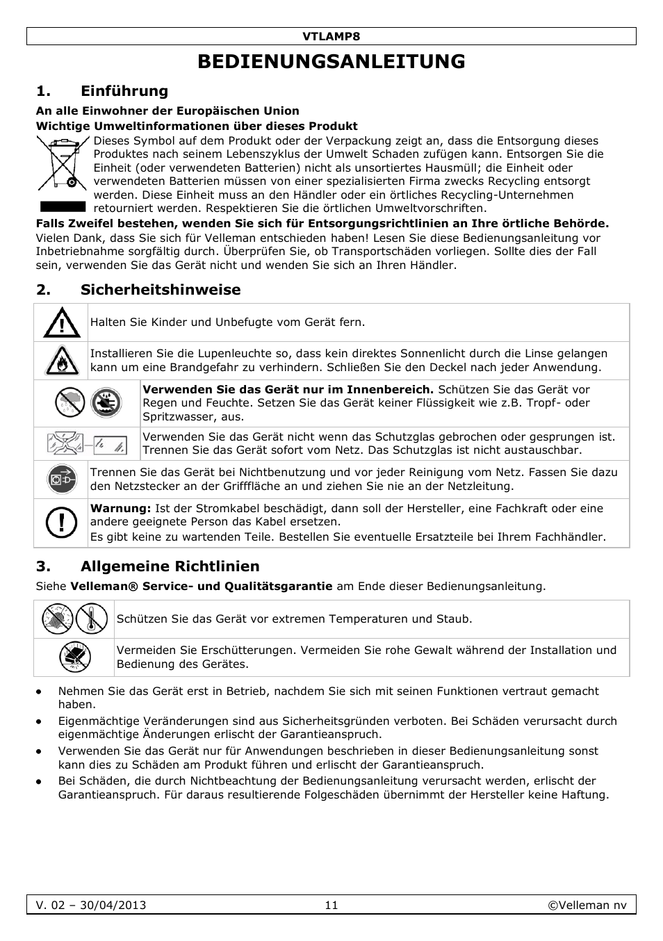 Bedienungsanleitung, Einführung, Sicherheitshinweise | Allgemeine richtlinien | Velleman VTLAMP8 User Manual | Page 11 / 19