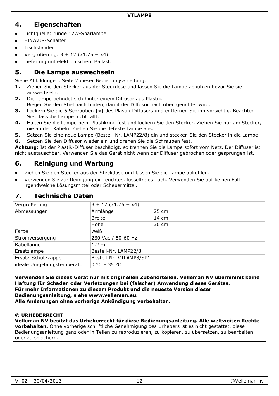 Eigenschaften, Die lampe auswechseln, Reinigung und wartung | Technische daten | Velleman VTLAMP8 User Manual | Page 12 / 19