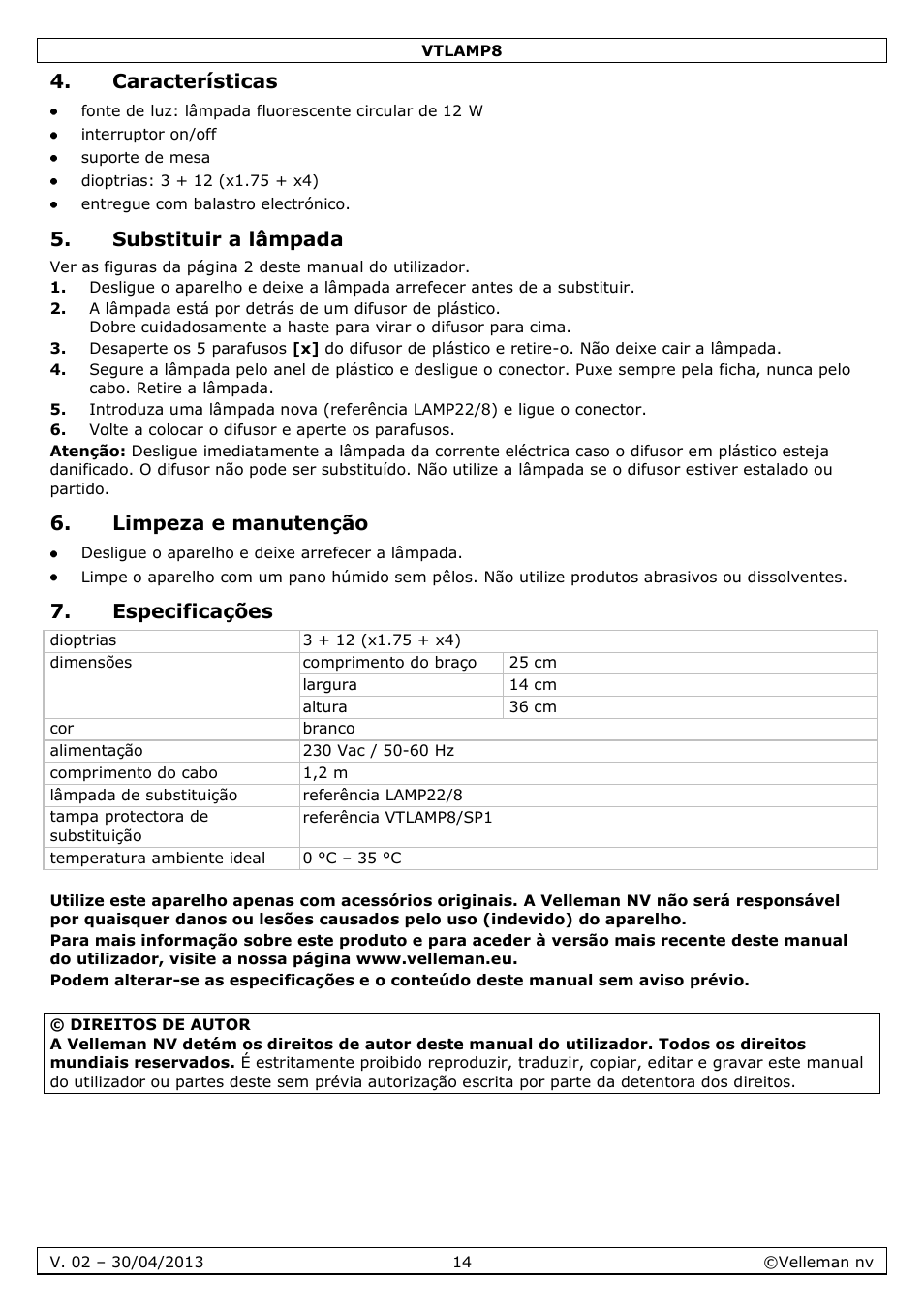 Características, Substituir a lâmpada, Limpeza e manutenção | Especificações | Velleman VTLAMP8 User Manual | Page 14 / 19