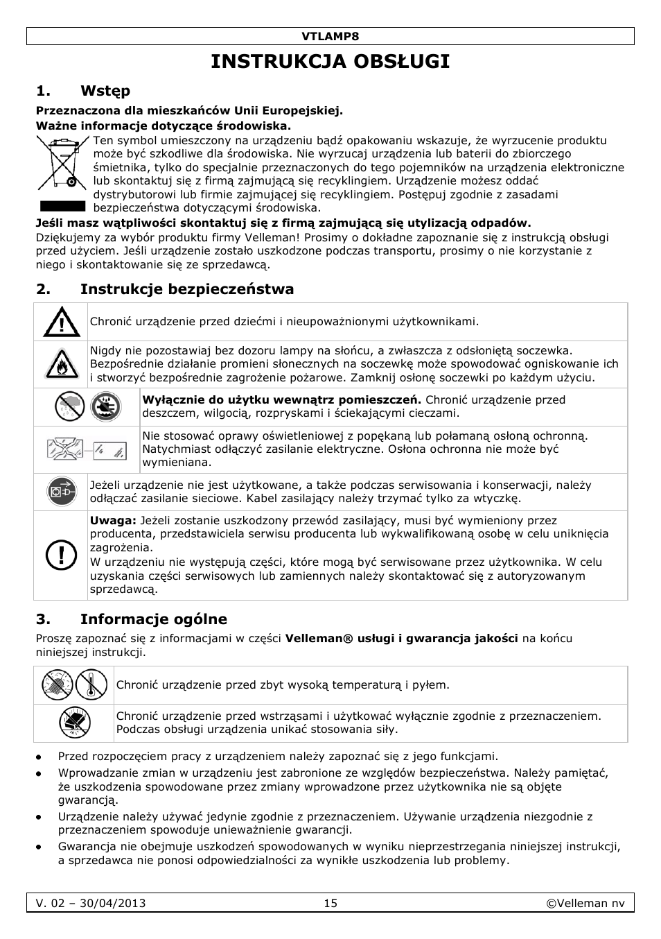 Instrukcja obsługi, Wstęp, Instrukcje bezpieczeństwa | Informacje ogólne | Velleman VTLAMP8 User Manual | Page 15 / 19