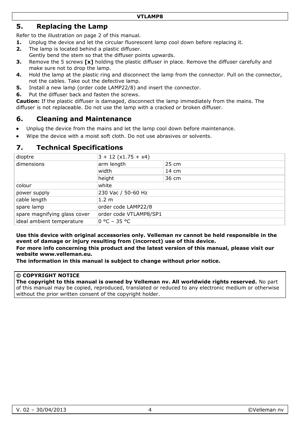 Replacing the lamp, Cleaning and maintenance, Technical specifications | Velleman VTLAMP8 User Manual | Page 4 / 19