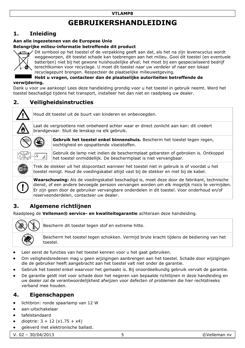 Gebruikershandleiding, Inleiding, Veiligheidsinstructies | Algemene richtlijnen, Eigenschappen | Velleman VTLAMP8 User Manual | Page 5 / 19