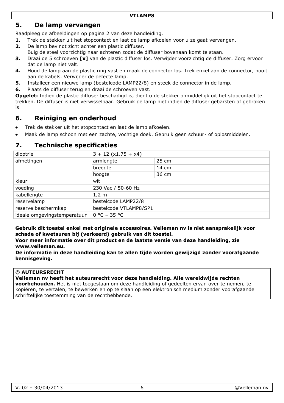 De lamp vervangen, Reiniging en onderhoud, Technische specificaties | Velleman VTLAMP8 User Manual | Page 6 / 19