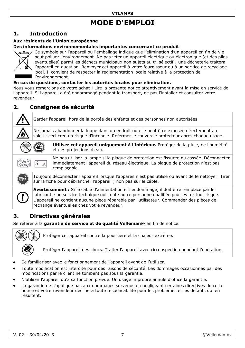 Mode d'emploi, Introduction, Consignes de sécurité | Directives générales | Velleman VTLAMP8 User Manual | Page 7 / 19