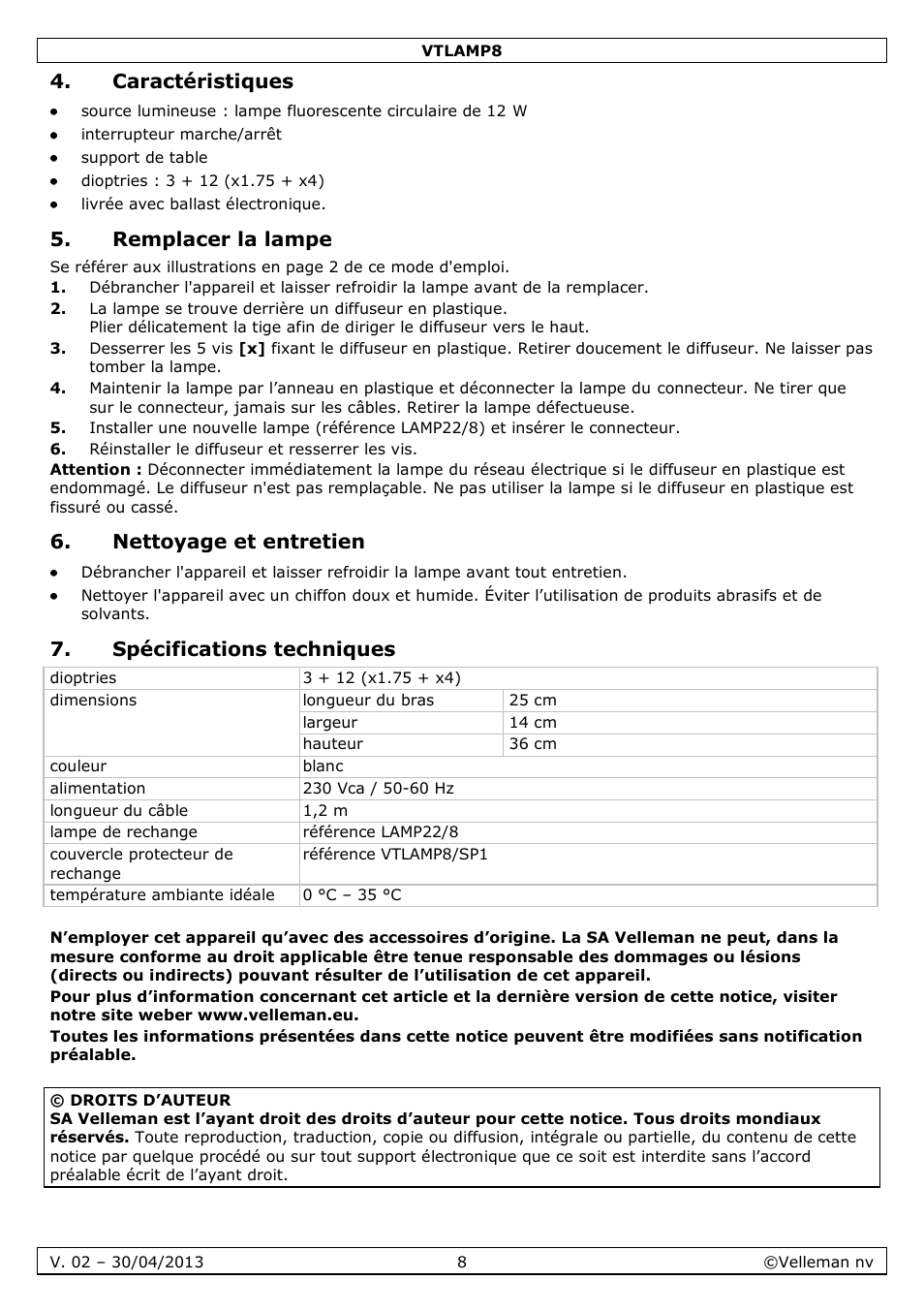 Caractéristiques, Remplacer la lampe, Nettoyage et entretien | Spécifications techniques | Velleman VTLAMP8 User Manual | Page 8 / 19