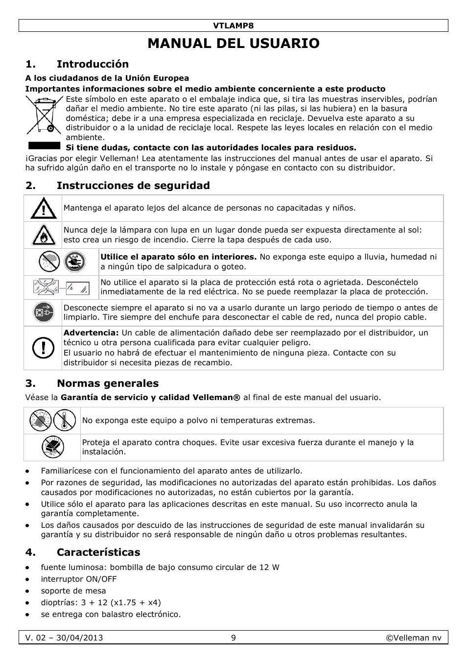 Manual del usuario, Introducción, Instrucciones de seguridad | Normas generales, Características | Velleman VTLAMP8 User Manual | Page 9 / 19