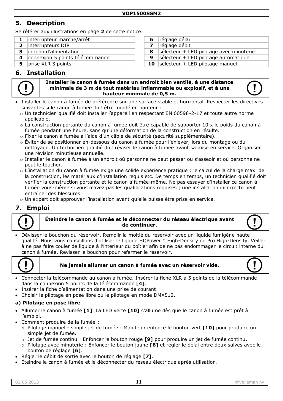 Description, Installation, Emploi | Velleman VDP1500SSM2 User Manual | Page 11 / 22