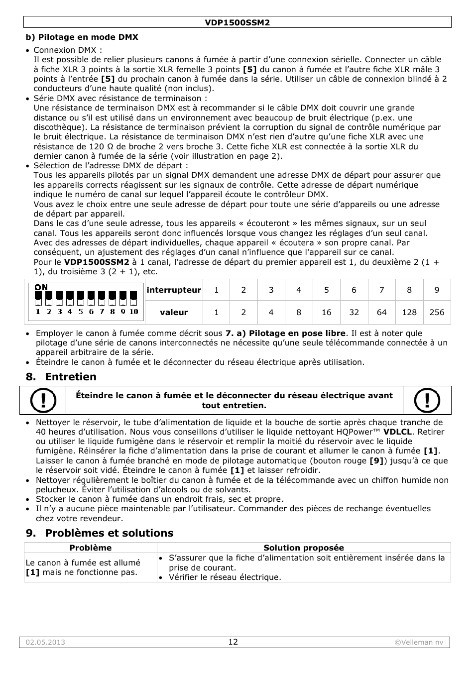 Entretien, Problèmes et solutions | Velleman VDP1500SSM2 User Manual | Page 12 / 22