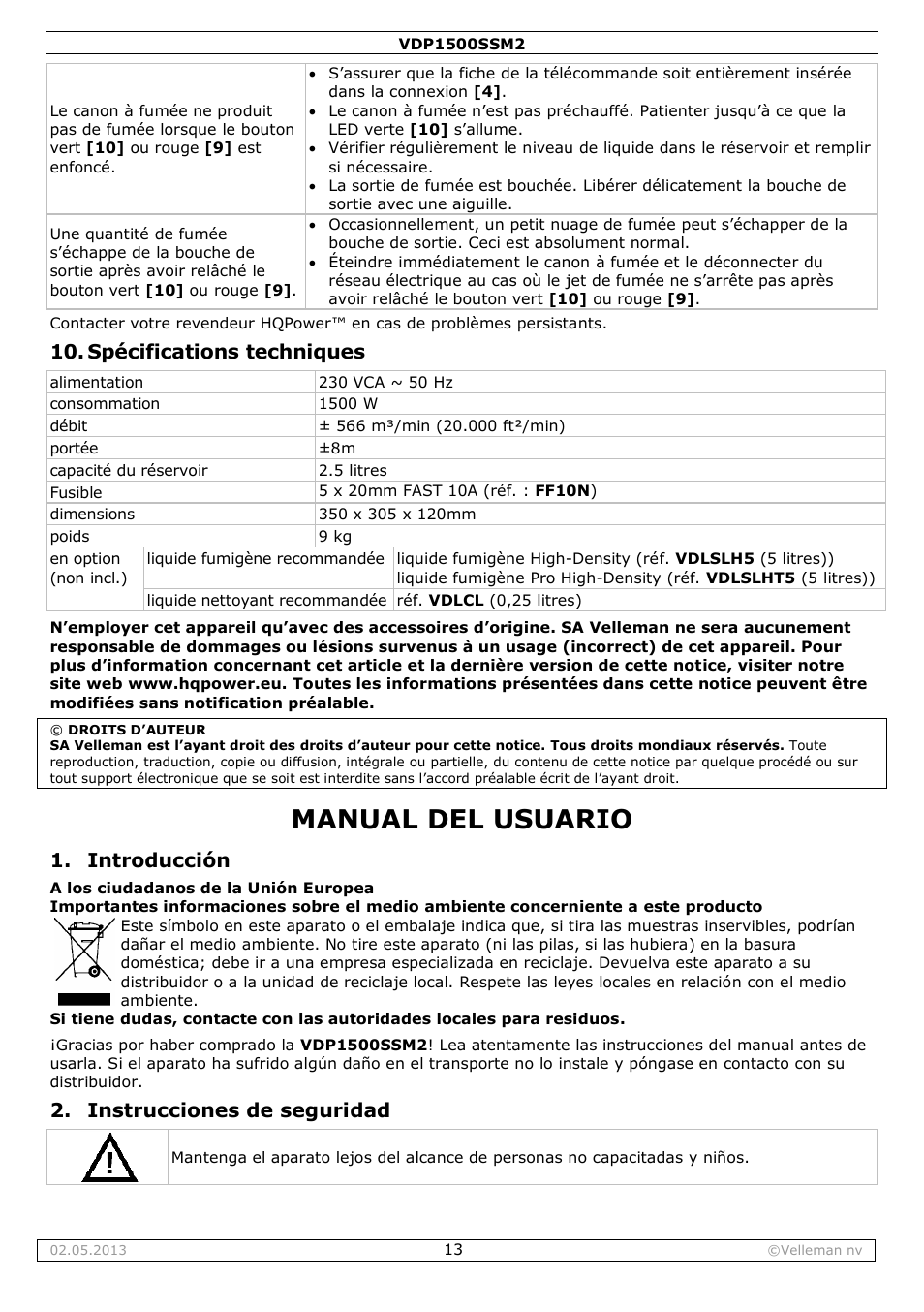 Spécifications techniques, Manual del usuario, Introducción | Instrucciones de seguridad | Velleman VDP1500SSM2 User Manual | Page 13 / 22