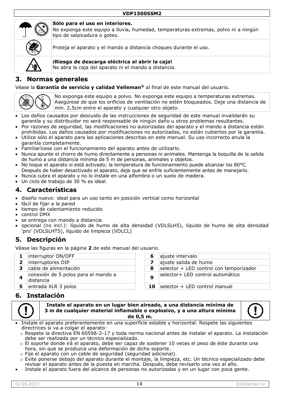 Normas generales, Características, Descripción | Instalación | Velleman VDP1500SSM2 User Manual | Page 14 / 22