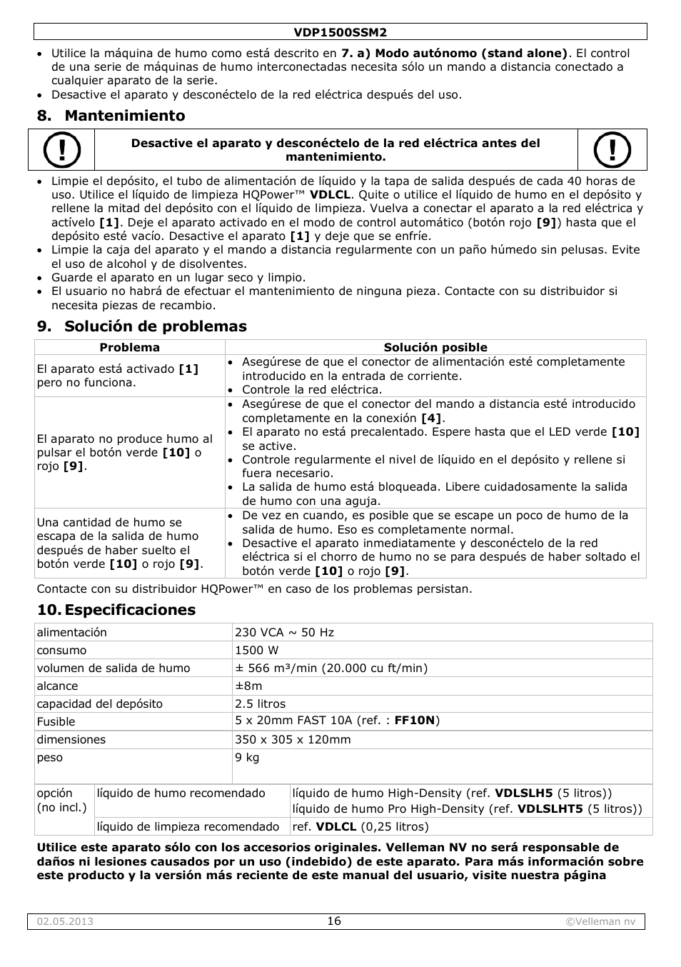 Mantenimiento, Solución de problemas, Especificaciones | Velleman VDP1500SSM2 User Manual | Page 16 / 22