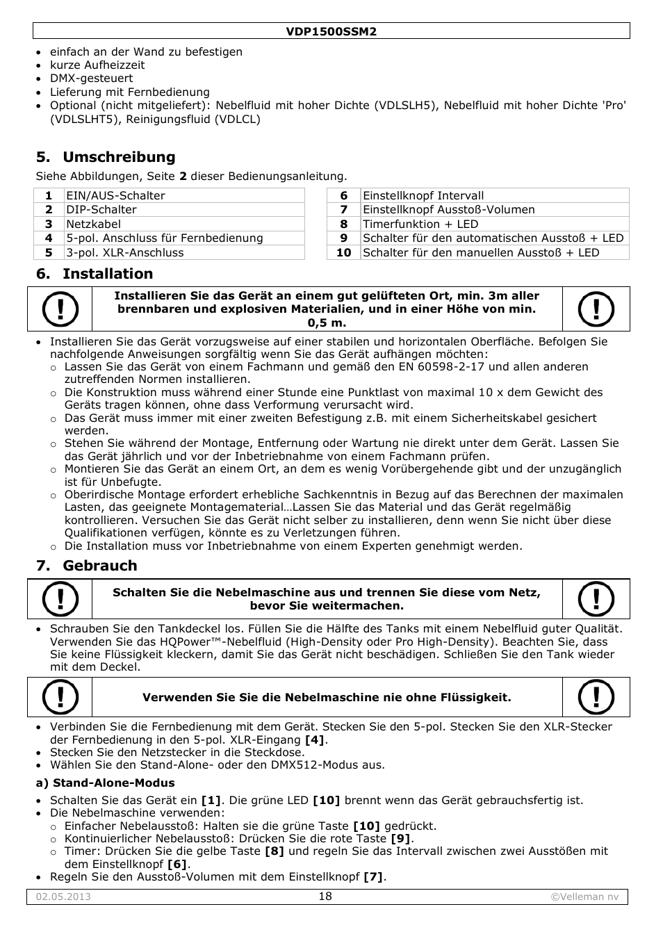 Umschreibung, Installation, Gebrauch | Velleman VDP1500SSM2 User Manual | Page 18 / 22