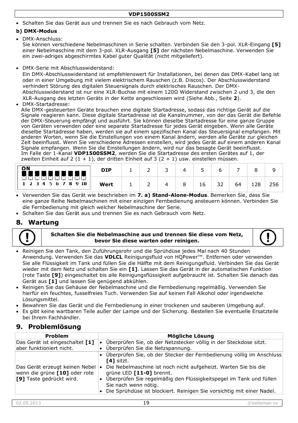 Wartung, Problemlösung | Velleman VDP1500SSM2 User Manual | Page 19 / 22