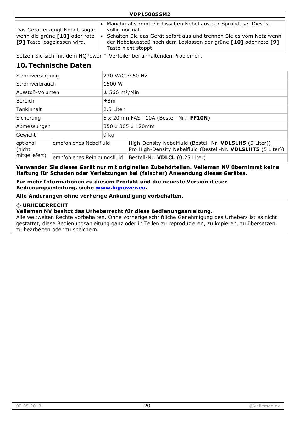 Technische daten | Velleman VDP1500SSM2 User Manual | Page 20 / 22