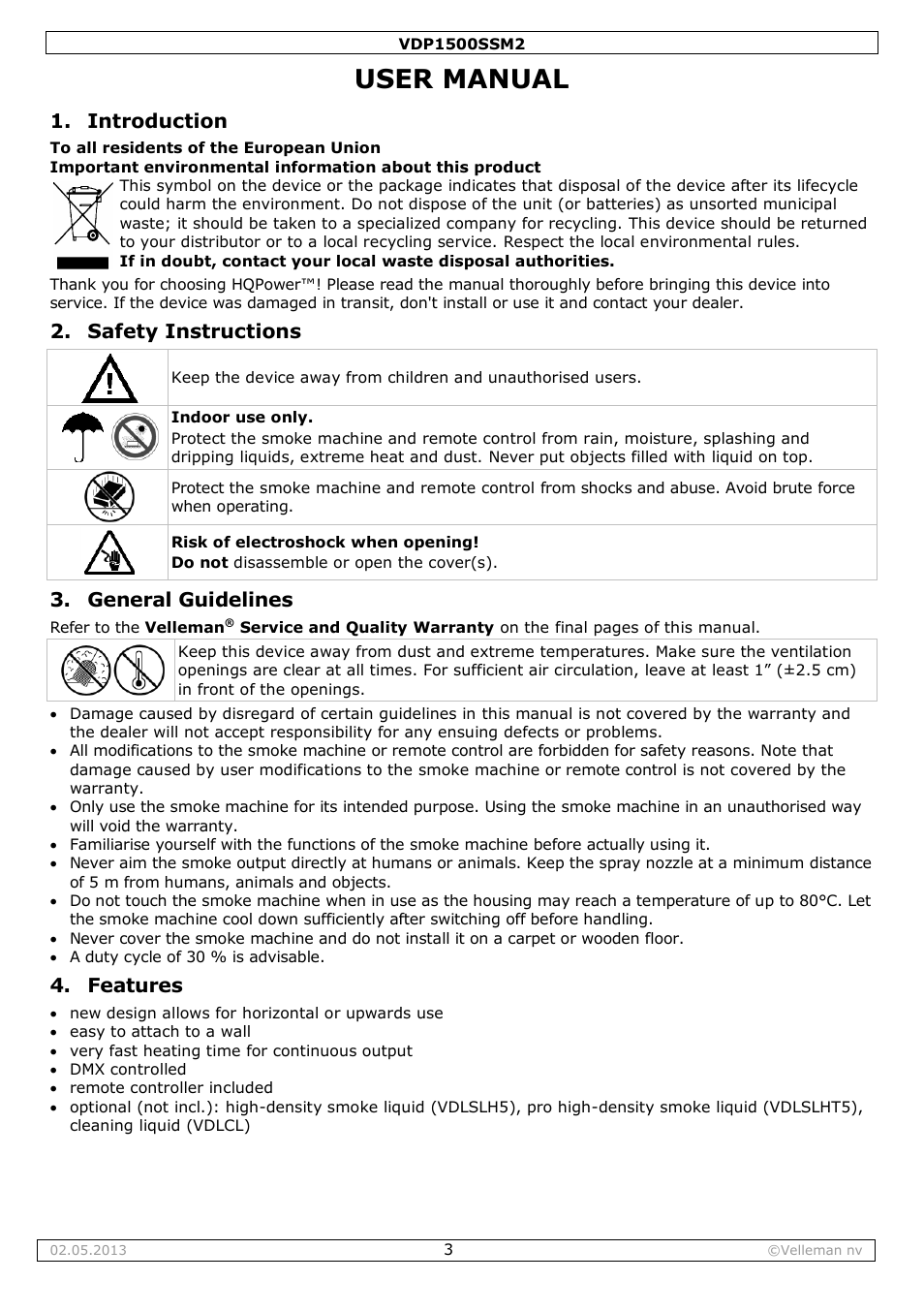 User manual, Introduction, Safety instructions | General guidelines, Features | Velleman VDP1500SSM2 User Manual | Page 3 / 22