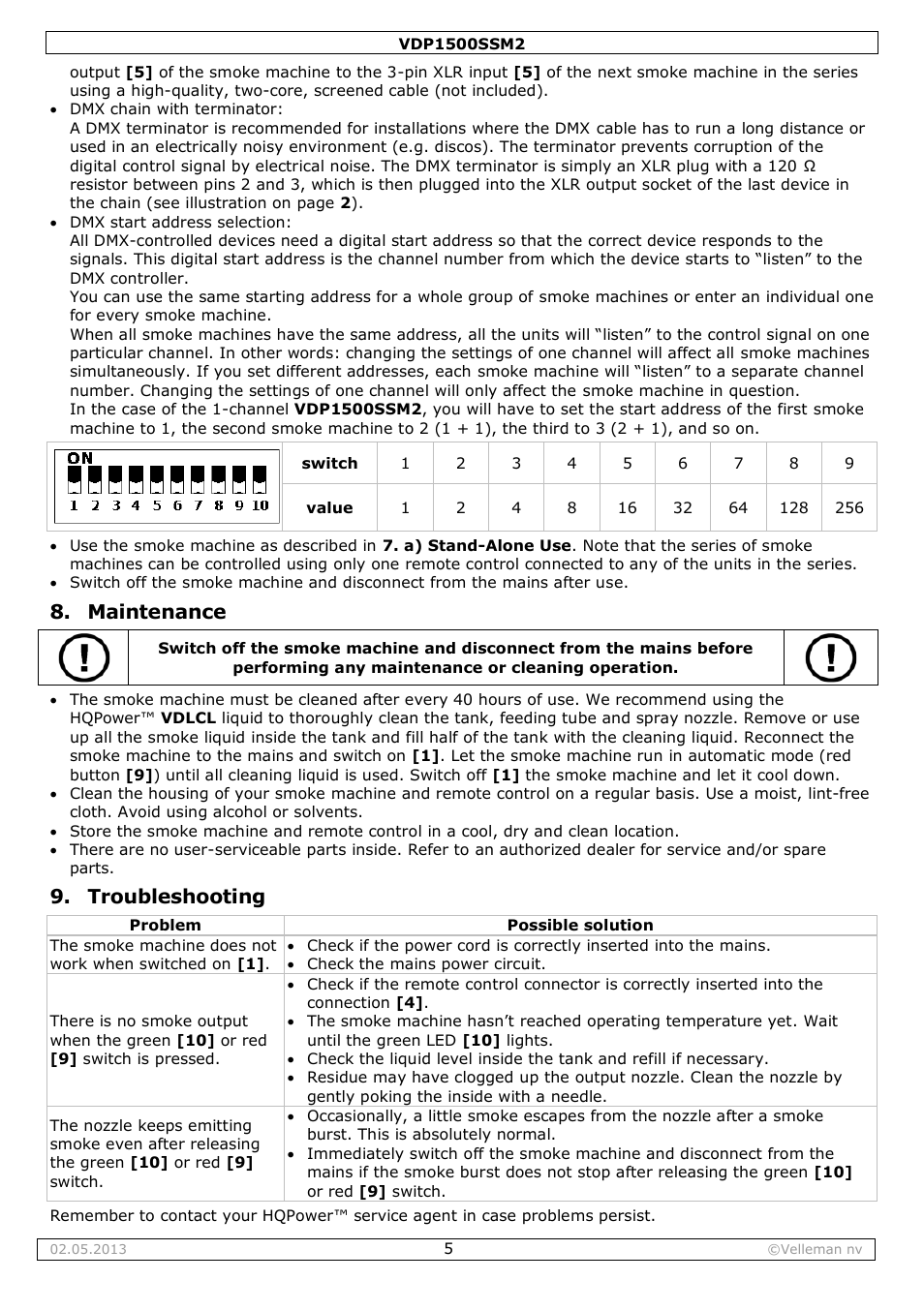 Maintenance, Troubleshooting | Velleman VDP1500SSM2 User Manual | Page 5 / 22
