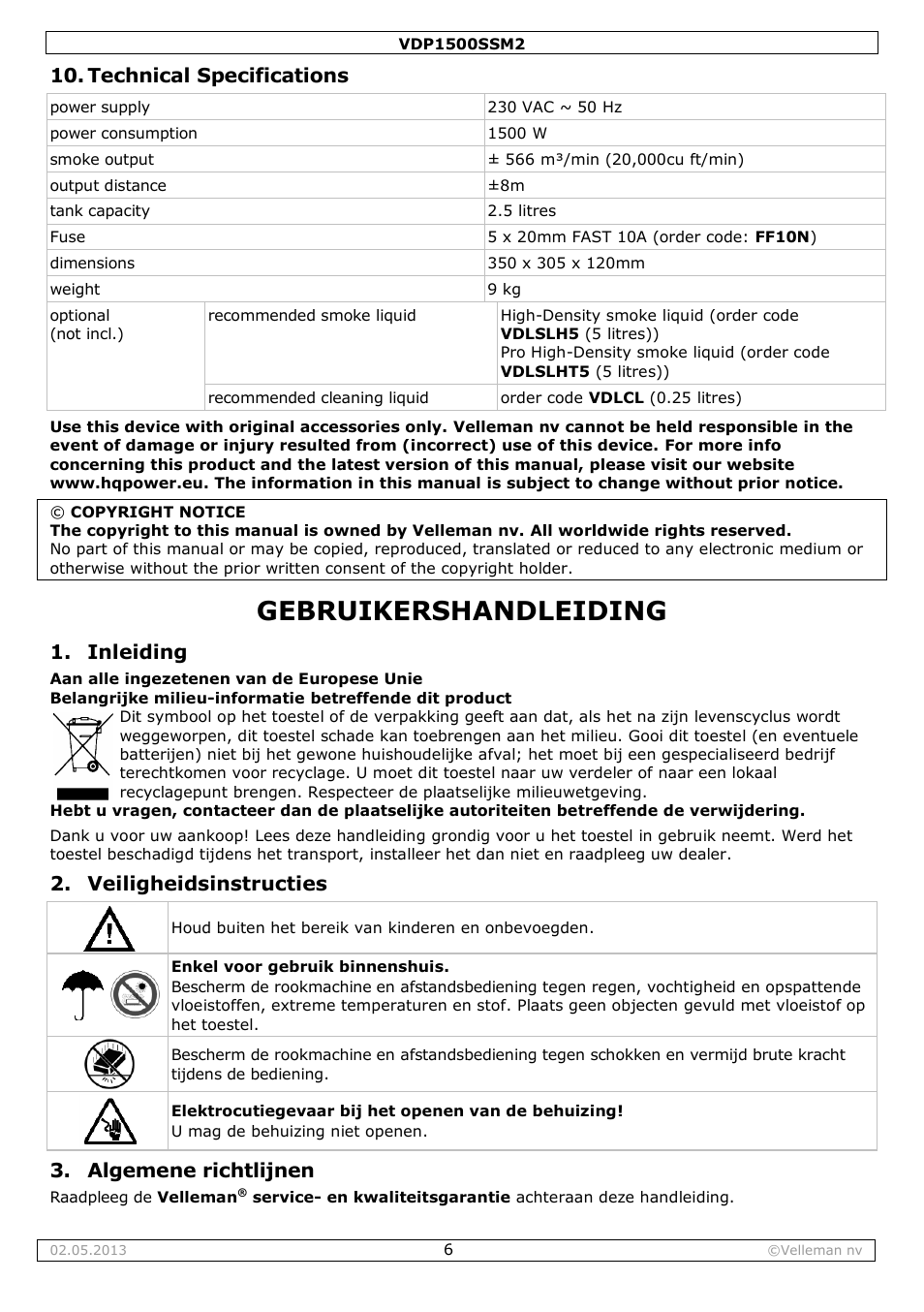 Technical specifications, Gebruikershandleiding, Inleiding | Veiligheidsinstructies, Algemene richtlijnen | Velleman VDP1500SSM2 User Manual | Page 6 / 22