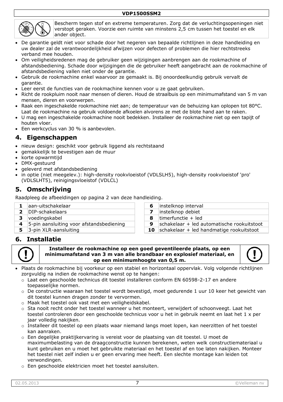 Eigenschappen, Omschrijving, Installatie | Velleman VDP1500SSM2 User Manual | Page 7 / 22