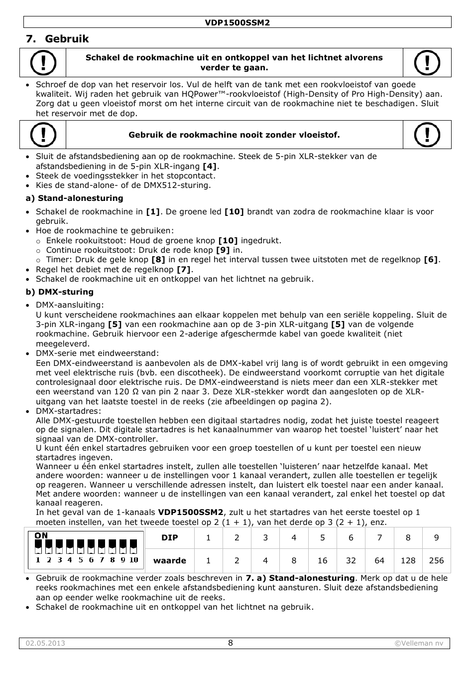 Gebruik | Velleman VDP1500SSM2 User Manual | Page 8 / 22