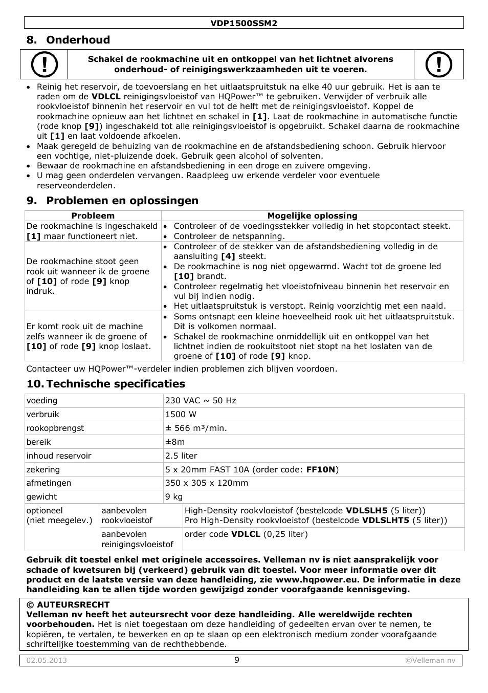 Onderhoud, Problemen en oplossingen, Technische specificaties | Velleman VDP1500SSM2 User Manual | Page 9 / 22