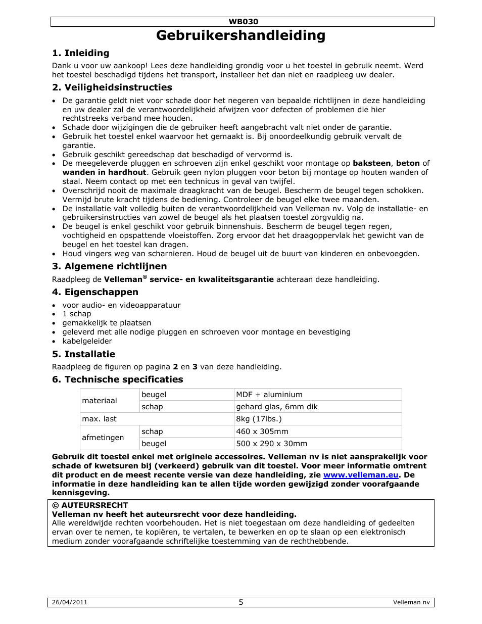 Gebruikershandleiding | Velleman WB030 User Manual | Page 5 / 11