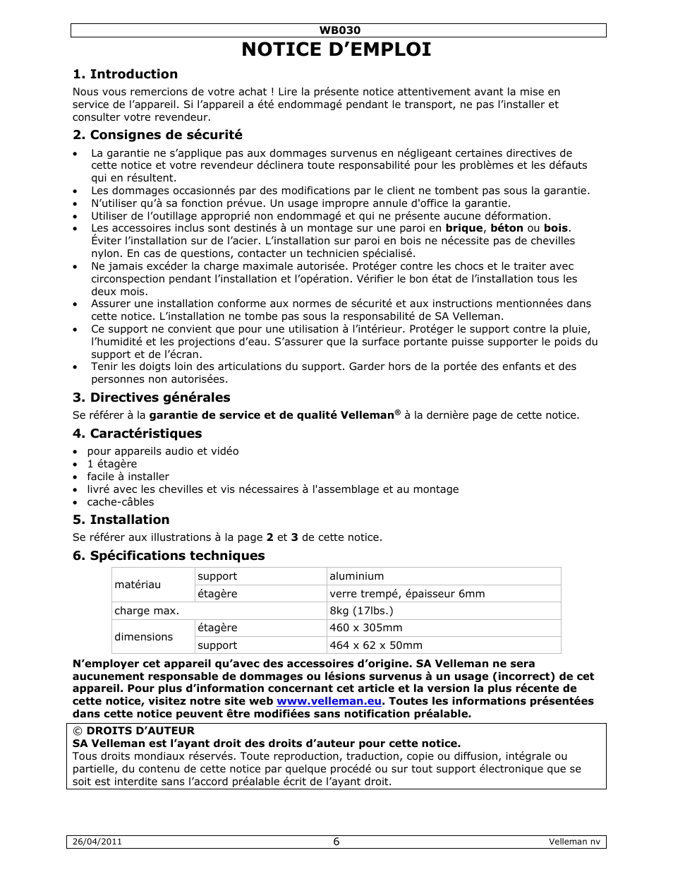 Notice d'emploi, Notice d’emploi | Velleman WB030 User Manual | Page 6 / 11