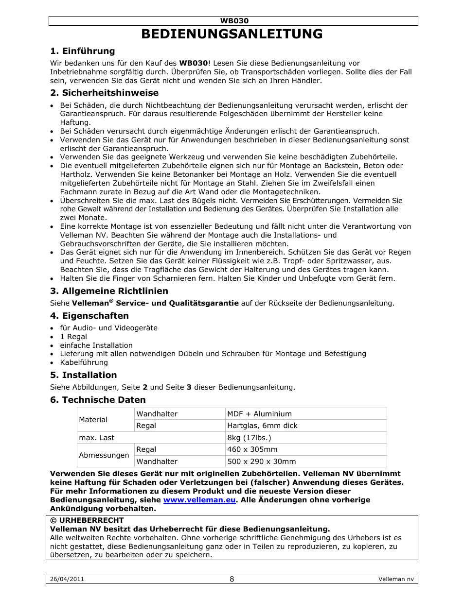 Bedienungsanleitung | Velleman WB030 User Manual | Page 8 / 11