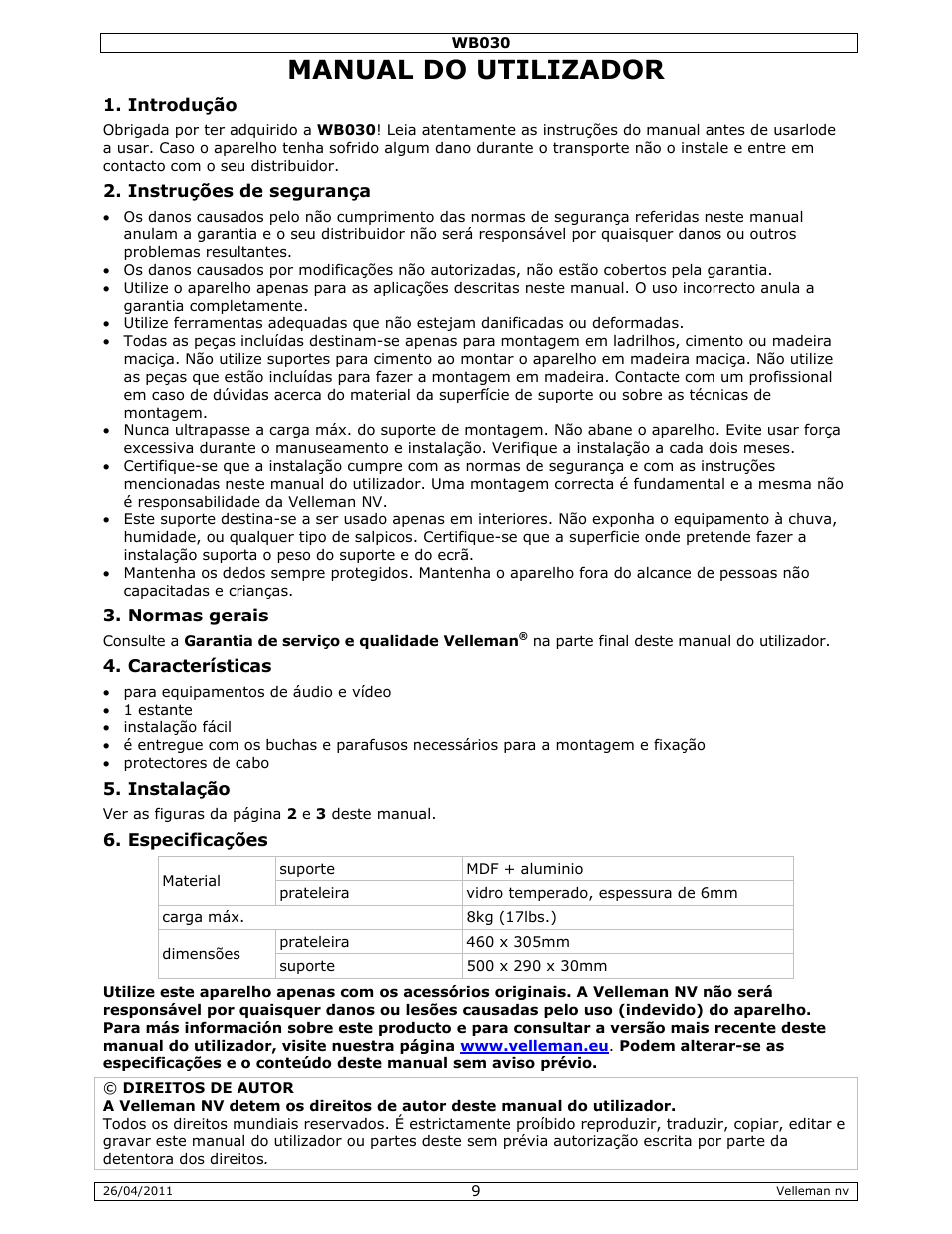 Manual do utilizador | Velleman WB030 User Manual | Page 9 / 11