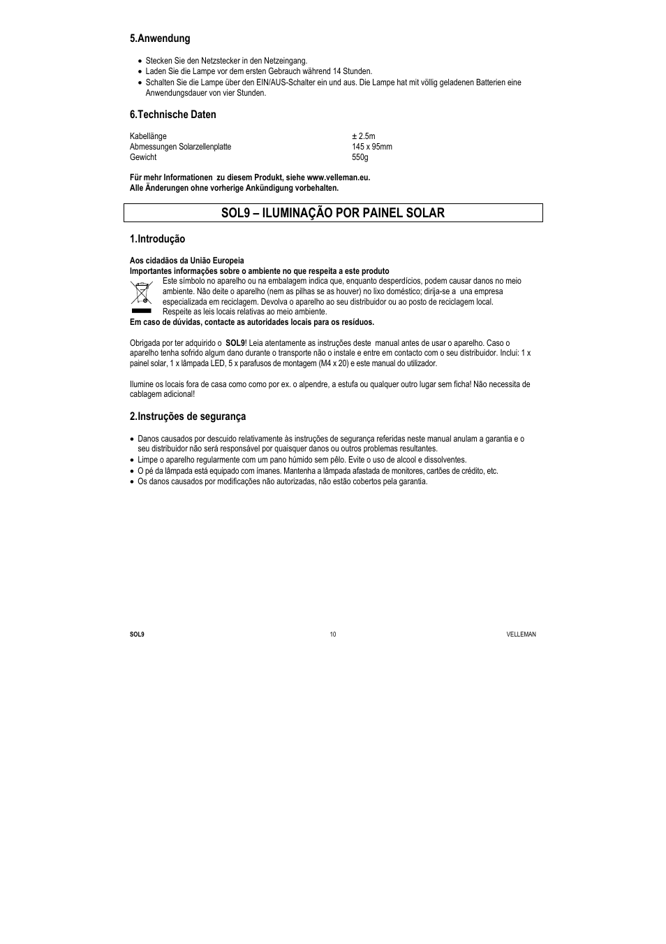 Sol9 – iluminação por painel solar, Anwendung, Technische daten | Introdução, Instruções de segurança | Velleman SOL9 User Manual | Page 10 / 14