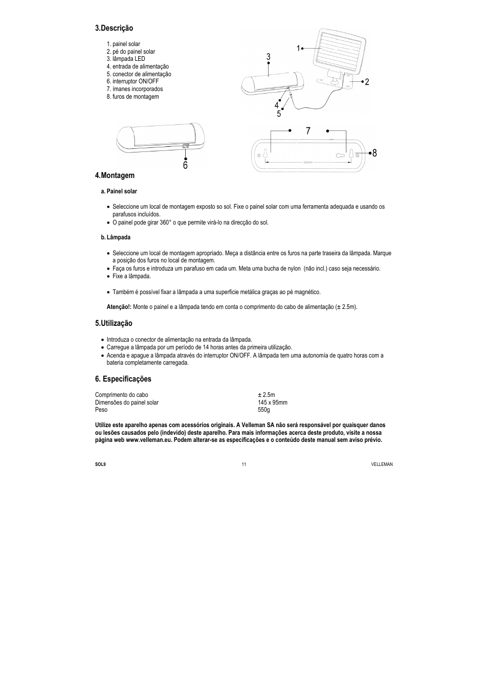 Descrição, Montagem, Utilização | Especificações | Velleman SOL9 User Manual | Page 11 / 14