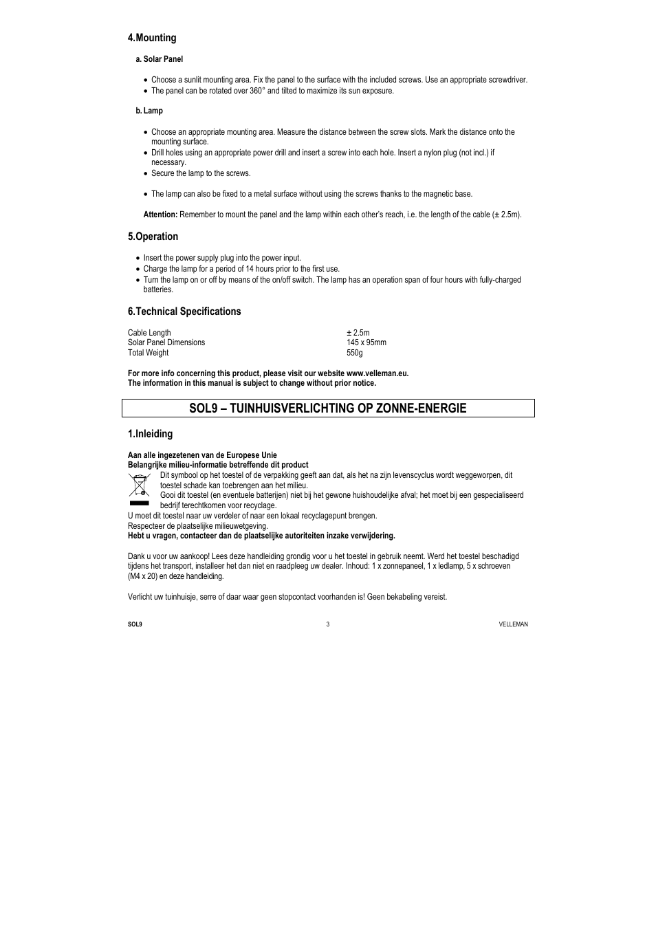 Sol9 – tuinhuisverlichting op zonne-energie, Mounting, Operation | Technical specifications, Inleiding | Velleman SOL9 User Manual | Page 3 / 14