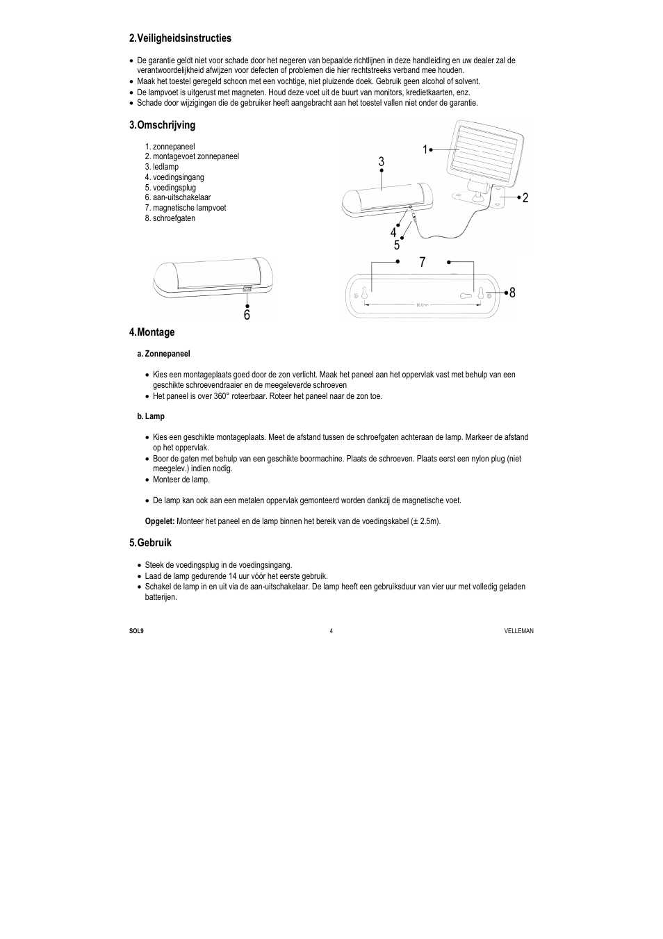 Veiligheidsinstructies, Omschrijving, Montage | Gebruik | Velleman SOL9 User Manual | Page 4 / 14