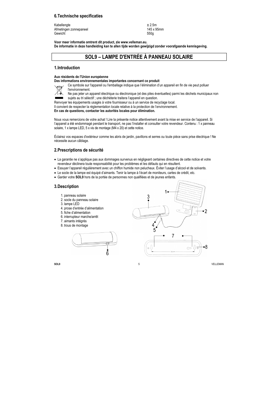 Sol9 – lampe d'entrée à panneau solaire, Technische specificaties, Introduction | Prescriptions de sécurité, Description | Velleman SOL9 User Manual | Page 5 / 14