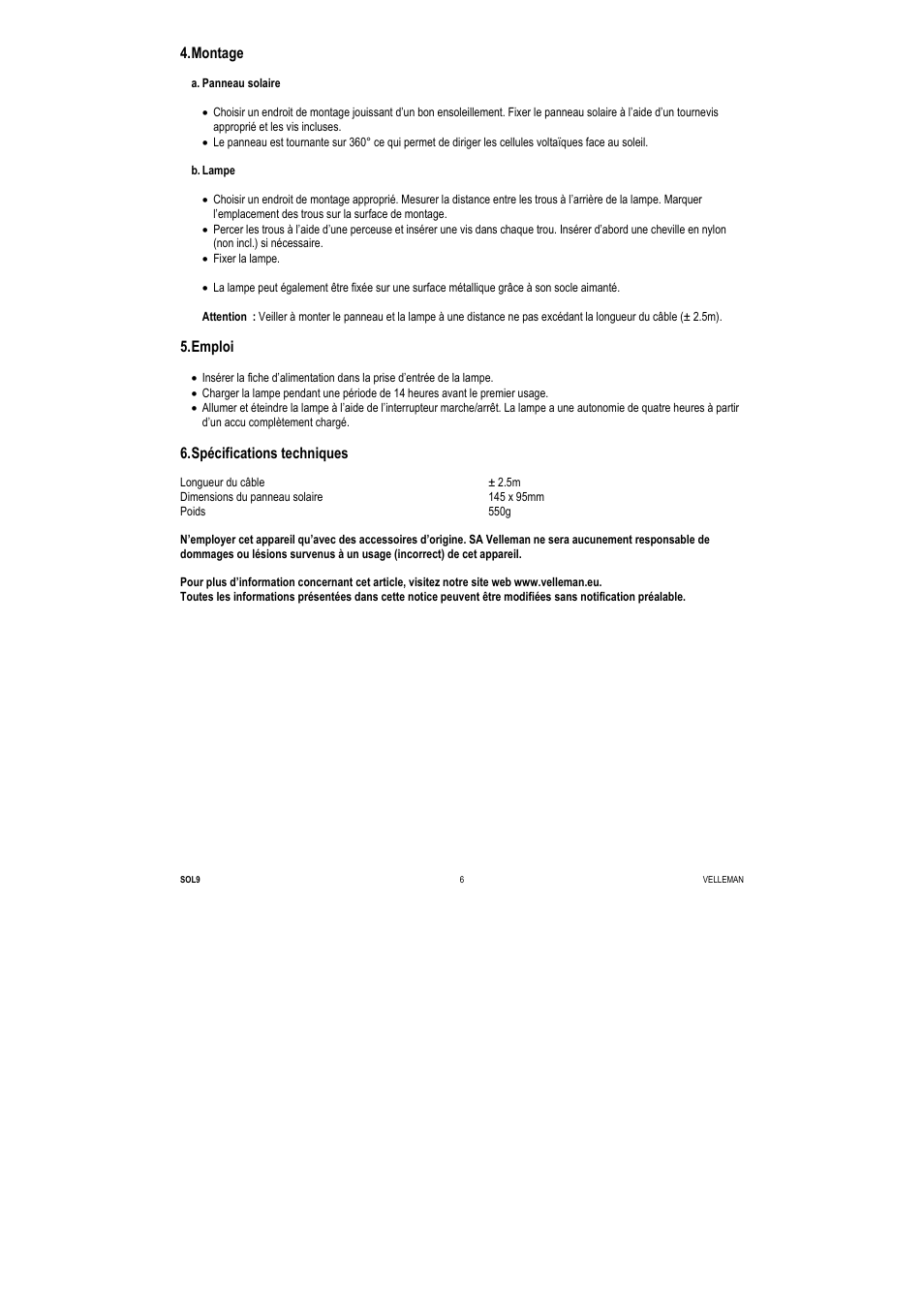 Montage, Emploi, Spécifications techniques | Velleman SOL9 User Manual | Page 6 / 14