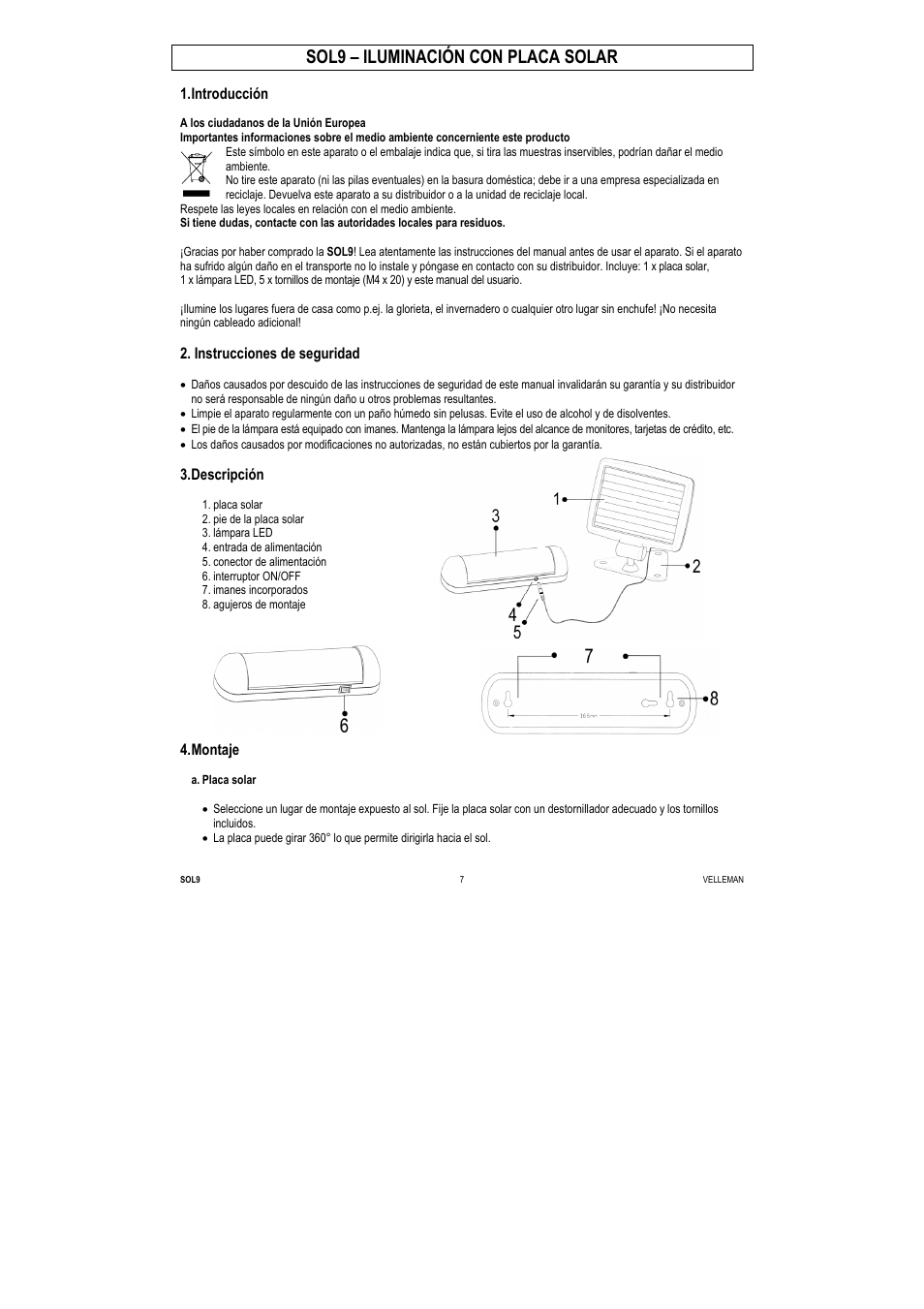 Sol9 – iluminación con placa solar, Introducción, Instrucciones de seguridad | Descripción, Montaje | Velleman SOL9 User Manual | Page 7 / 14