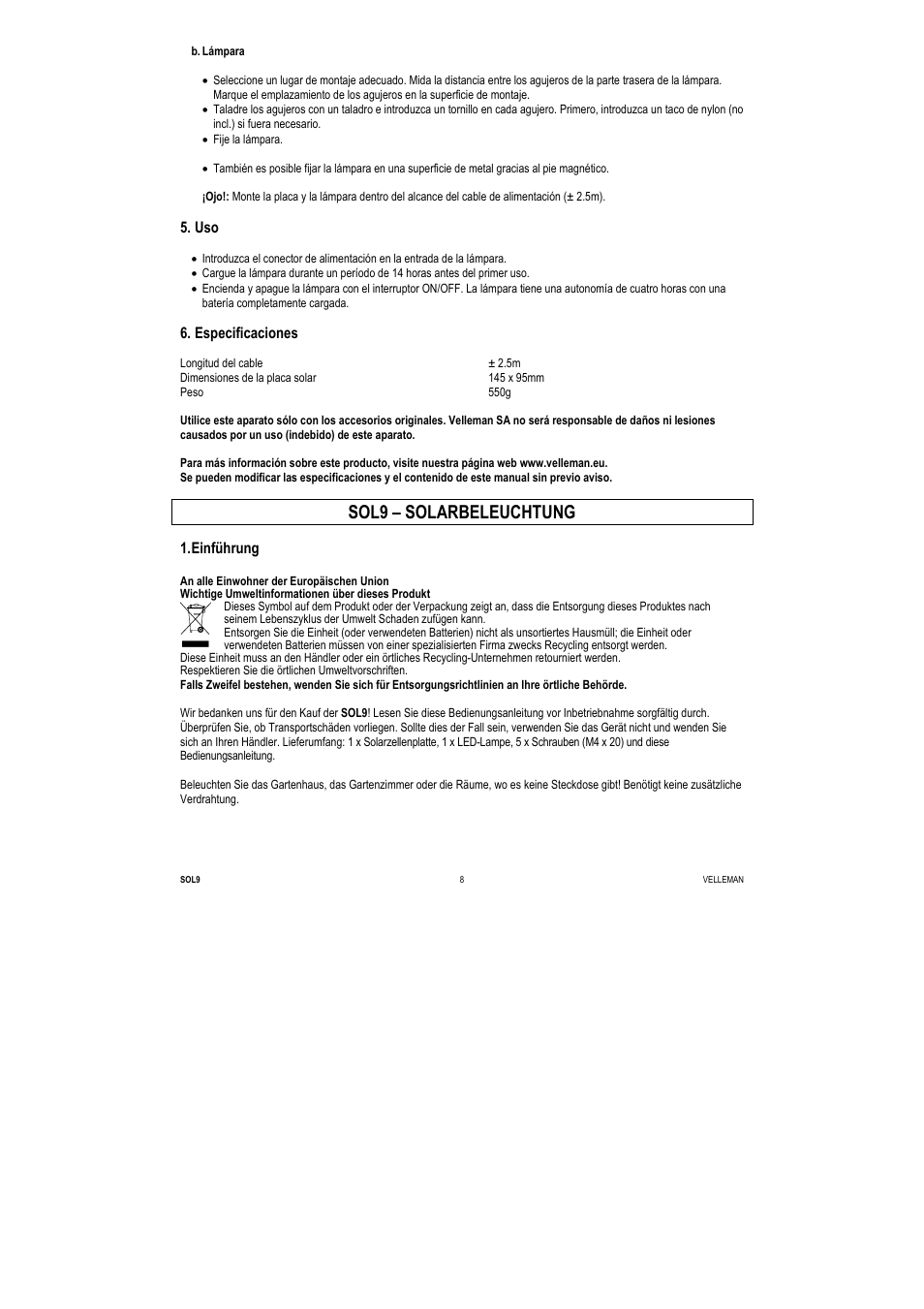 Sol9 – solarbeleuchtung, Especificaciones, Einführung | Velleman SOL9 User Manual | Page 8 / 14