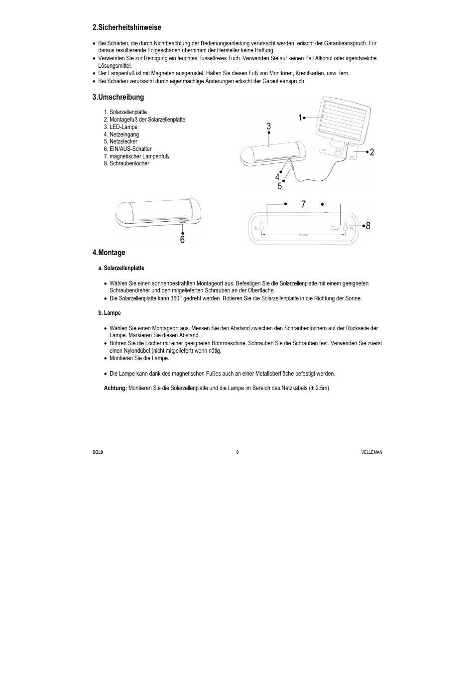 Sicherheitshinweise, Umschreibung, Montage | Velleman SOL9 User Manual | Page 9 / 14