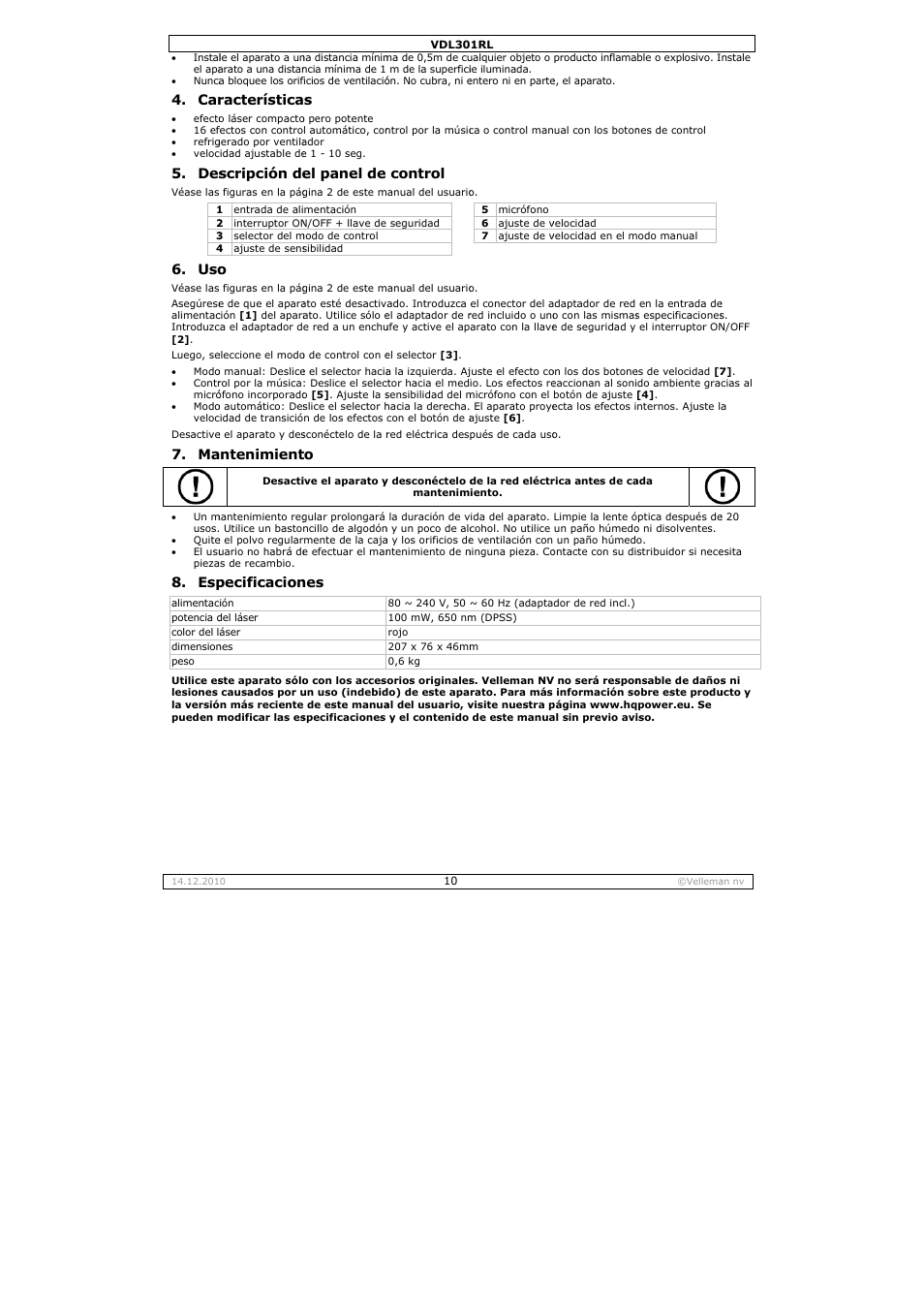 Racterística, Scripción de, Ntenimient | Pecificacion, El panel de, Control | Velleman VDL301RL User Manual | Page 10 / 14