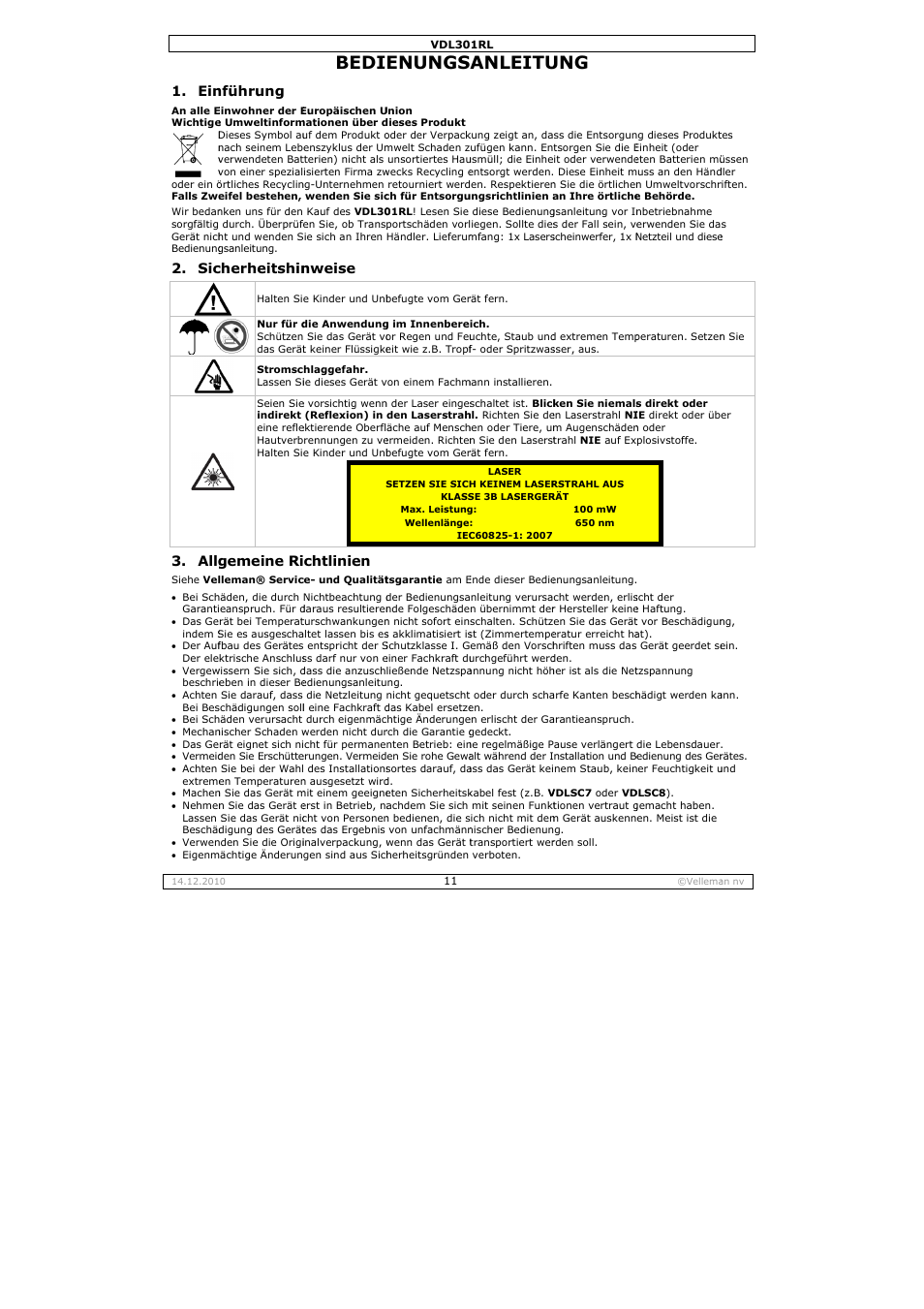 Bedi, Enungs, Anleitu | Sic 3. allg, Nführung, Cherheitshin, Gemeine ri, Nweise, Chtlinien | Velleman VDL301RL User Manual | Page 11 / 14