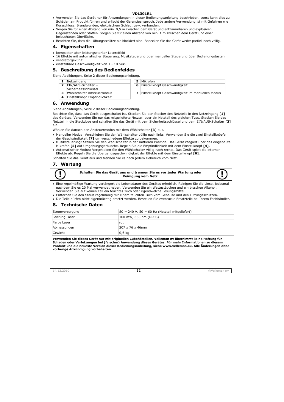 Genschaften, Schreibung, Wendung | Artung, Chnische da, Des bedien, Aten, Nfeldes | Velleman VDL301RL User Manual | Page 12 / 14
