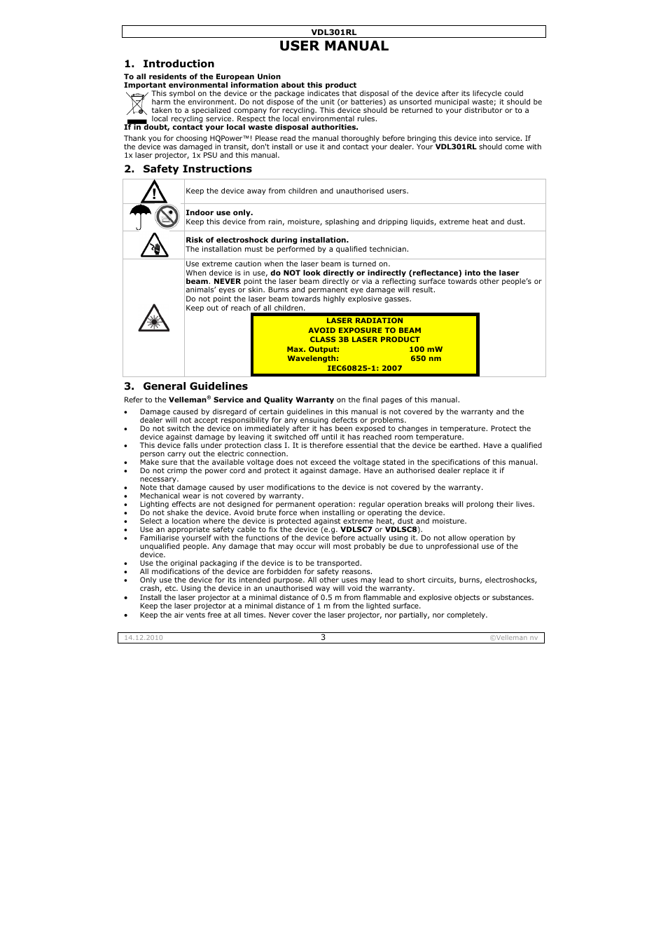 User ma, Anual, Saf 3. gen | Troduction, Fety instruc, Neral guide, Ctions, Elines | Velleman VDL301RL User Manual | Page 3 / 14