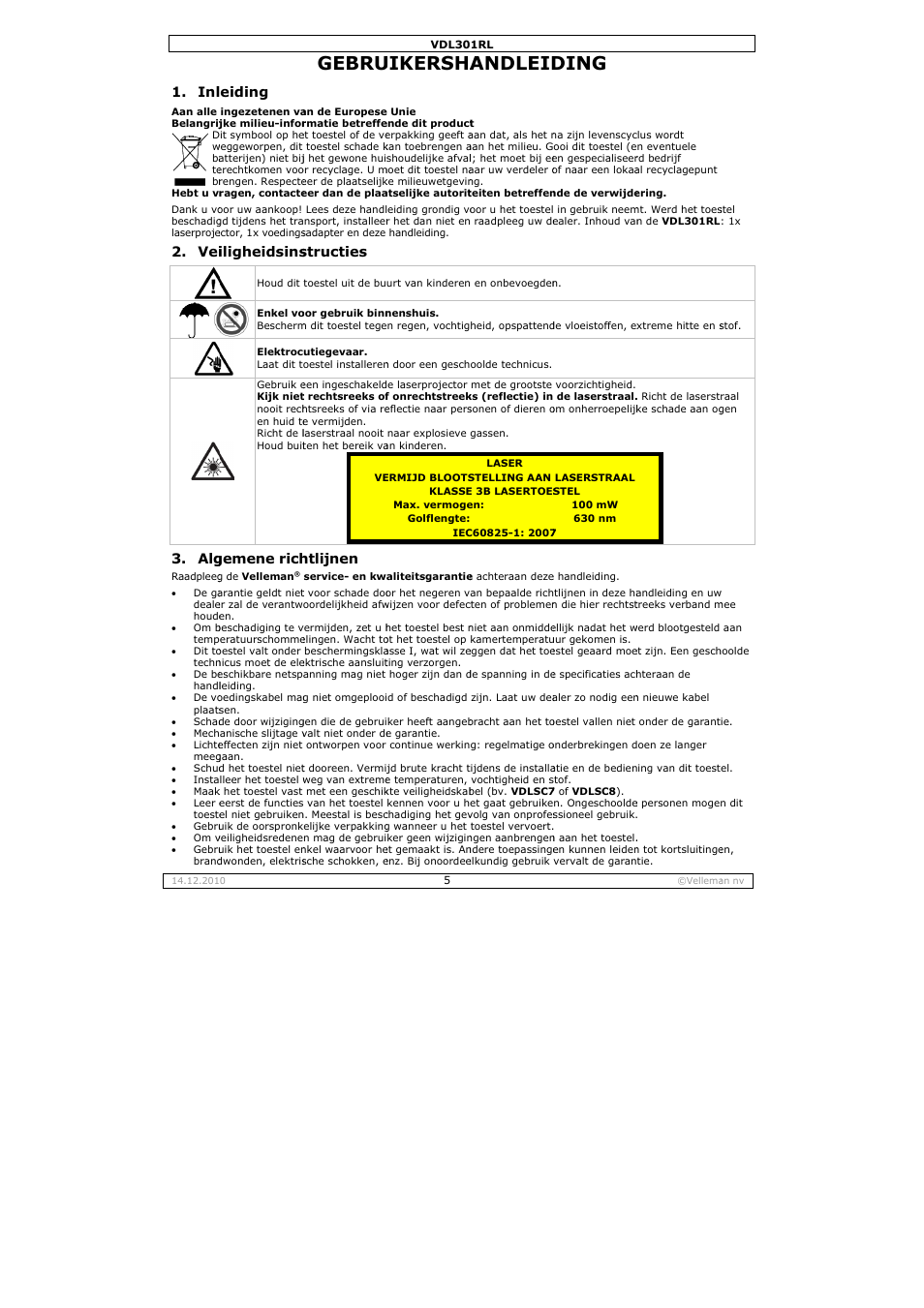 Gebru, Uikersha, Andleid | Ding, Vei 3. alg, Eiding, Iligheidsins, Gemene rich, Structies, Htlijnen | Velleman VDL301RL User Manual | Page 5 / 14