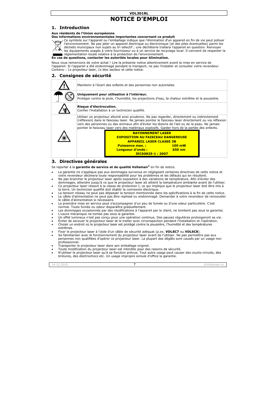 Otice d, Emploi, Con 3. dir | Troduction, Nsignes de, Rectives gén, Sécurité, Nérales | Velleman VDL301RL User Manual | Page 7 / 14