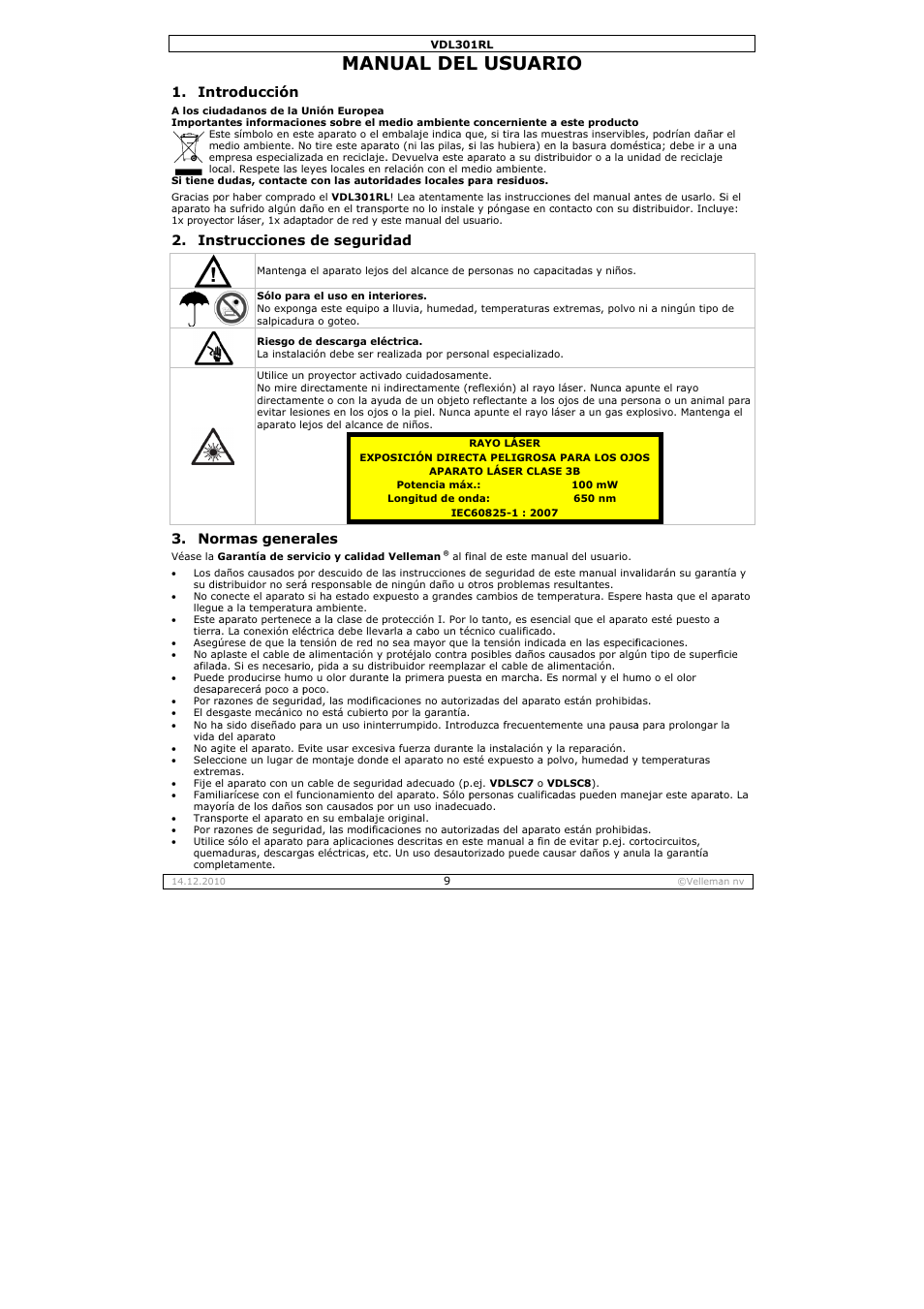 Nual del, L usuar, Ins 3. no | Troducción, Strucciones, Rmas gener, S de segurid, Rales | Velleman VDL301RL User Manual | Page 9 / 14