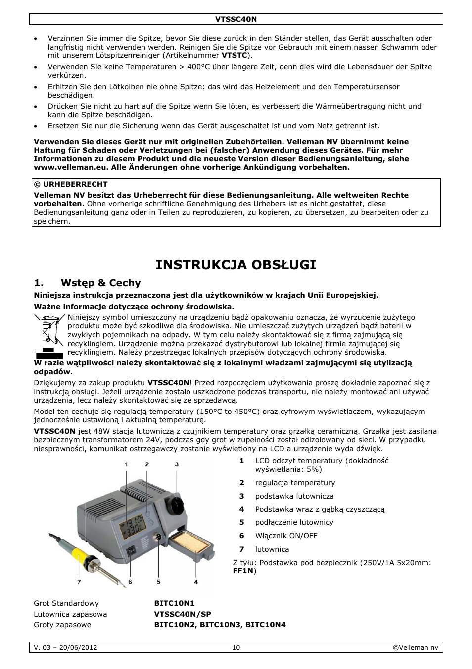 Instrukcja obsługi, Nstruk, Kcja o | Obsłu, Wstę, Ęp & cec | Velleman VTSSC40N User Manual | Page 10 / 17