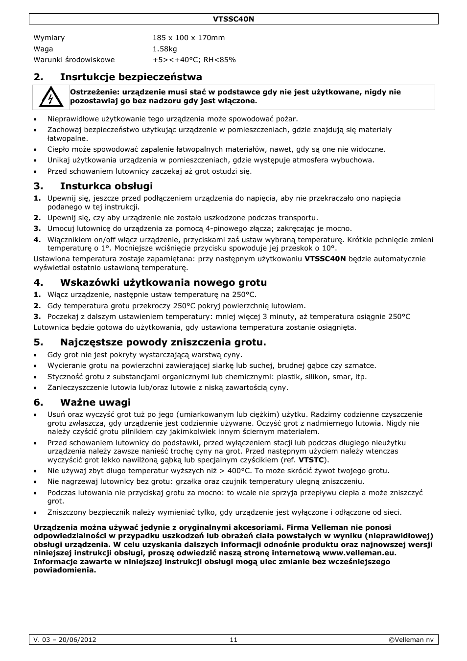 Insrt, Instu, Wska | Najcz, Ważn, Tukcje be, Urkca ob, Azówki u, Zęstsze, Ne uwag | Velleman VTSSC40N User Manual | Page 11 / 17