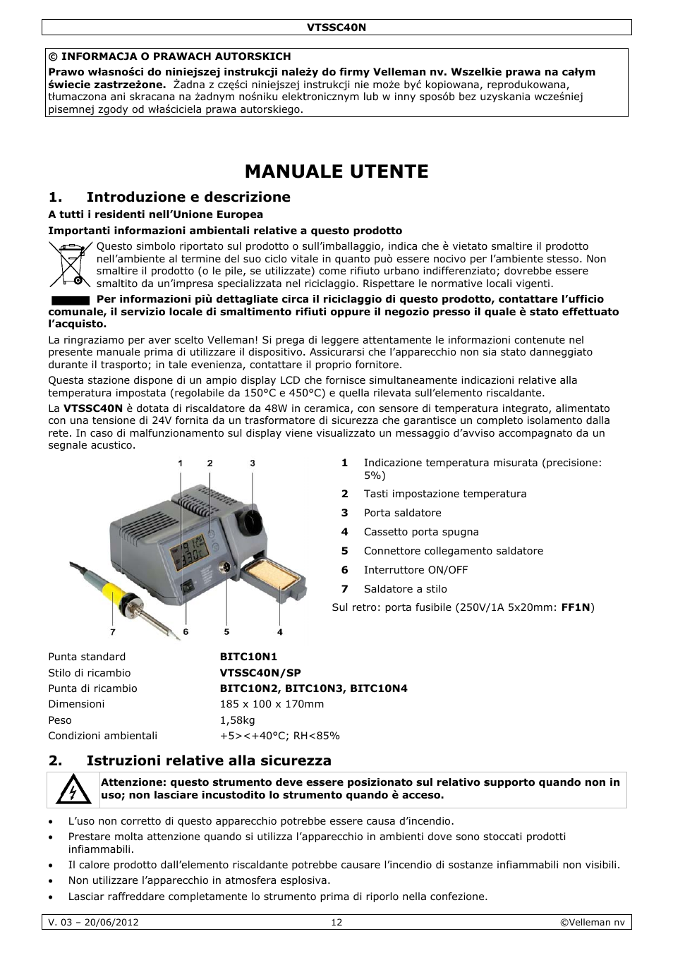 Manuale utente, Manu, Uale ut | Tente, Intro, Istru, Oduzione, Uzioni re, E e descr, Lative al | Velleman VTSSC40N User Manual | Page 12 / 17